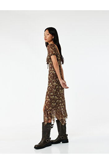 Koton Asymmetrical U-Neck Short Balloon Sleeve Slit Lace-Up Floral Long Tulle Dress