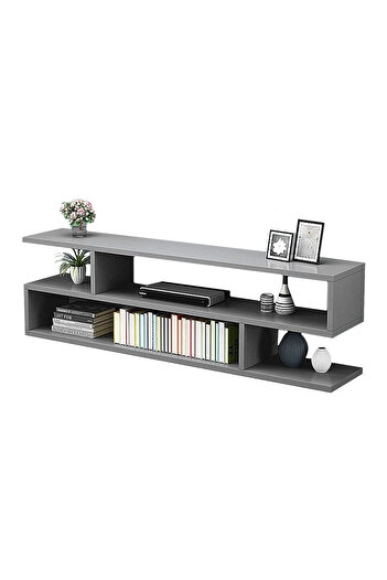 EqiEch S-Shaped Stylish Grey TV Stand with Open Shelves, 120x30x40 cm Entertainment Center