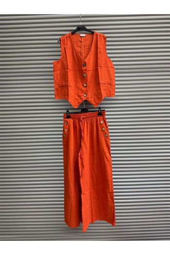AGORATEKSTİL Women's Linen Cotton Buttoned Vest and Pants Suit