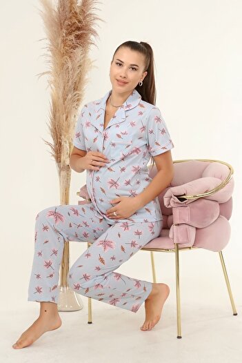 LadyMina Pijama Set de pijamale duble cu mâneci scurte cu frunze albastre pentru gravide și postpartum