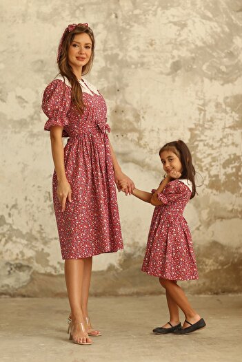 KÜÇÜĞÜM BUTİK Vintage Fisto Yakalı Bordo Çiçekli Poplin Anne Kız Tasarımı (ANNE VE ÇOCUK TEK TEK SATILMAKTADIR)
