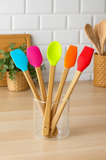 Mottogo 5-Piece Mini Bamboo Spatula Set| Silicone Cooking Set