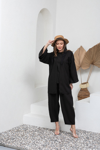 KÜÇÜĞÜM BUTİK Black Cotton Muslin Long Sleeve Blouse and Loose Pants Set (Bluz-Pants)