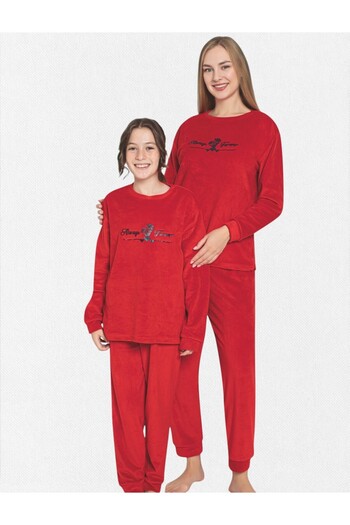 Fil Kids Mother-Daughter Pajamas Set Winter Cotton Velvet Fabric Red Always Forever Patterned