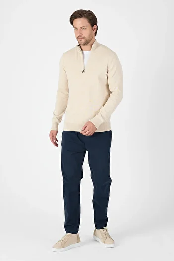 hateko 100% Cotton Beige Half Zippered Stand Collar Knitwear Sweater