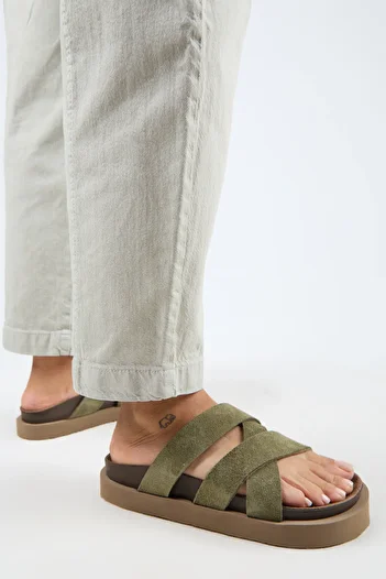 Manijero Paula Genuine Leather Khaki High Sole Slippers with Straps