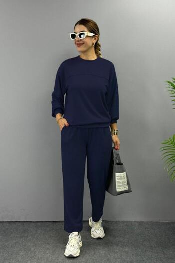 Mossta Crew Neck Viscose Two Thread Blouse Pants Double Set - Navy Blue