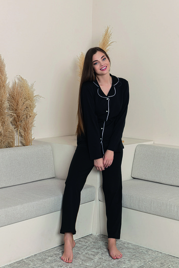 Line Smart Women's 100% Organic Cotton Natural Shirt Collar Buttoned Long Sleeve Piping Pajama Set