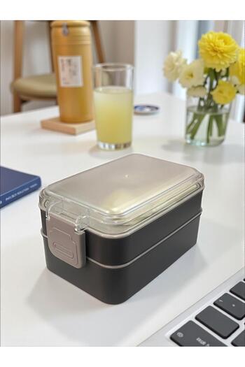 SANALTİCARETİM Rectangular Two-Layer Gray Color 900 ml Lunch Box Lunch Box Lunch Box Set Storage Container