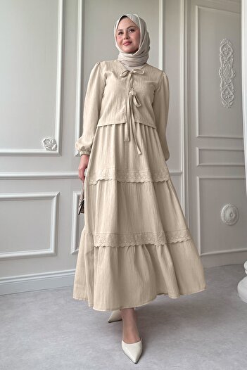 InStyle Σετ Crepe Beige με Κορδέλα Δαντέλα Λεπτομέρεια Φούστα