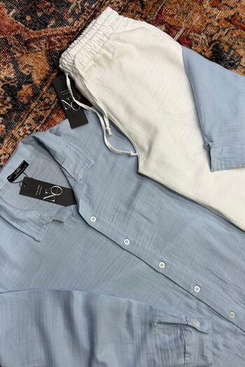 NO 601 Baby Boy Blue Muslin Shirt & White Muslin Linen Pants Set
