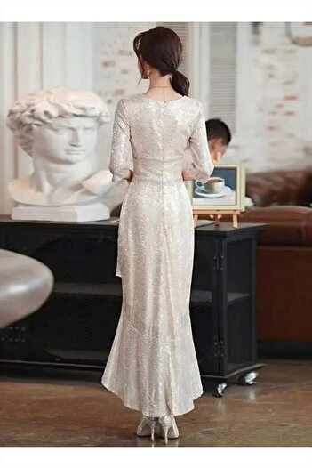 Generic Elegant Lady Evening Dress V-neck Long Wedding Party Three-quarter Sleeve Dress Banquet Party