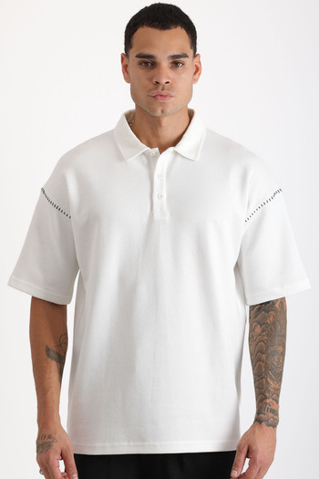 EGHO Shoulder Shepherd Stitch Detail Double Pique Fabric Loose Fit Men's Polo Neck T-Shirt