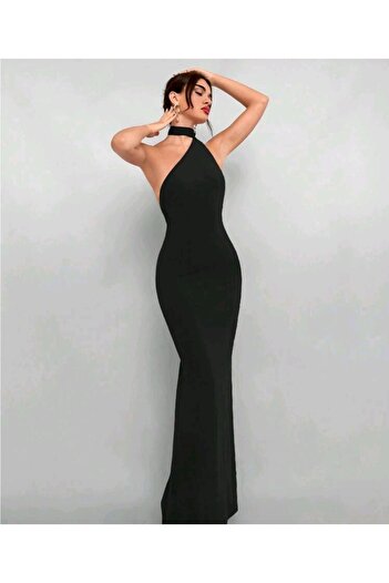 Lacis One Shoulder Back to Waist V-Cut Back Mid Gathered Slit Long Fish Dress