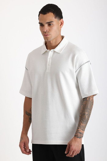 EGHO Shoulder Shepherd Stitch Detail Double Pique Fabric Loose Fit Men's Polo Neck T-Shirt