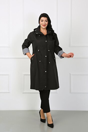 By Alba Collection Kadın Siyah Kolu Çizgili Uzun Büyük Beden Trençkot
