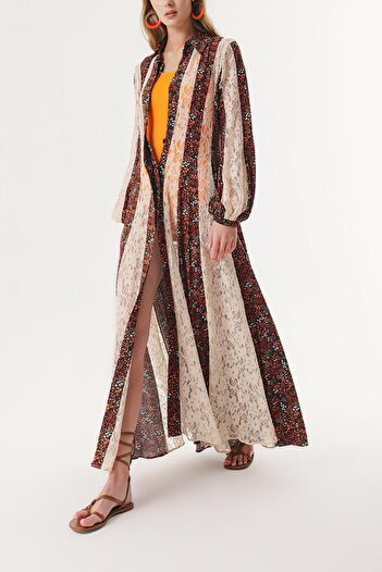 SOCIETA Floral Print Lace Detailed Long Shirt Dress 94232