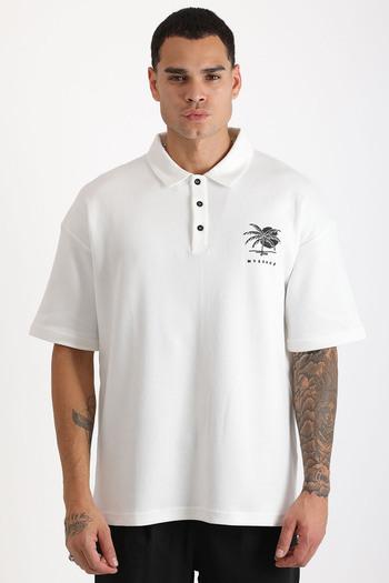 EGHO Chest Mykonos Embroidery Detailed Double Pique Fabric Loose Fit Men's Polo Neck T-Shirt