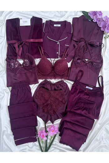 Lena Homewears Plum 11 Piece Satin Boxed Giant Pajamas Nightgown Underwear Bridal Dowry Set