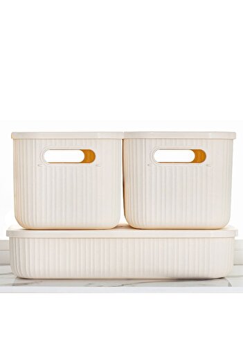 HOMİNG Homing Ecru Cream 3-Piece Organizer Set with Lid 2X6.2Lt and 1X6.8Lt