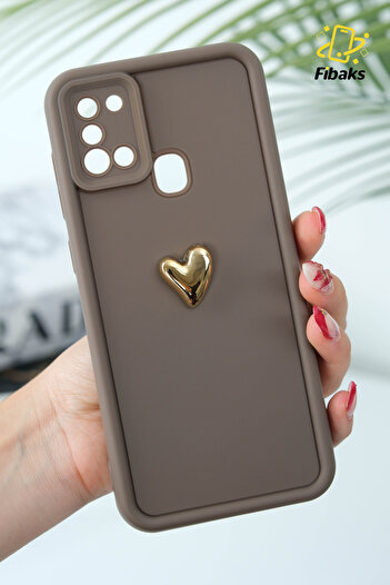 Fibaks Case for Samsung Galaxy A21S 3D Heart Design Brown Pattern Soft Camera Protection Silicone Cover