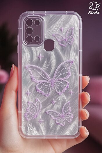 Fibaks Samsung Galaxy A21S Case Plug-In Camera Protection Glossy Hologram Butterfly Pattern Shock Absorbing
