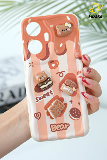Fibaks Realme C55 Compatible Case Designed Patterned Camera Protection Teddy Bear Biscuit Color Cofffe Silicone Cover