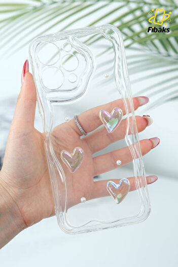 Fibaks Xiaomi Redmi 12 4g Case 3D Heart Pearl Design Patterned Camera Protection Transparent Silicone Cover
