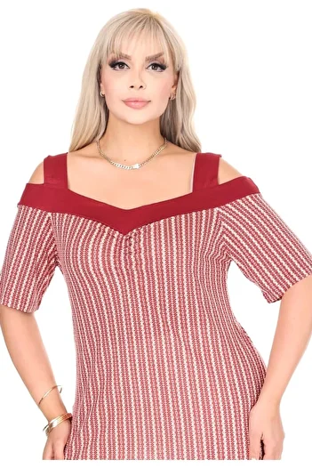 Kheos Women's Striped Detail Wide Strap Plus Size Design Blouse