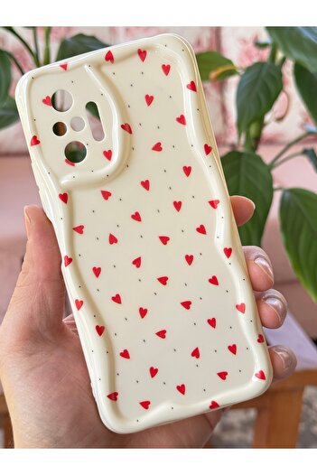 Fibaks Xiaomi Redmi Note 10 Pro Kılıf Kamera Korumalı Dalga Kenarlı Kırmızı Kalp Desenli Silikon Kapak