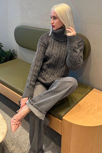 Madmext Anthracite High Neck Knitwear Sweater Mg2376