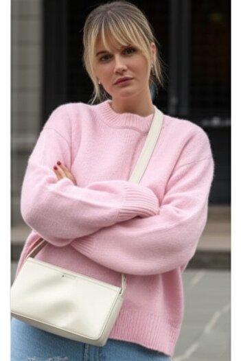 FLEX FASHION Kadın Bisiklet Yaka yumoş pembe Oversize Triko Kazak