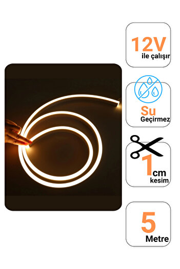 Ema Dükkan 5 Metre 12 Volt Gün Işığı Neon Led Şerit Işık 3200K Gerçek Silikon 1 Cm Kesimli Dekoratif Aydınlatma