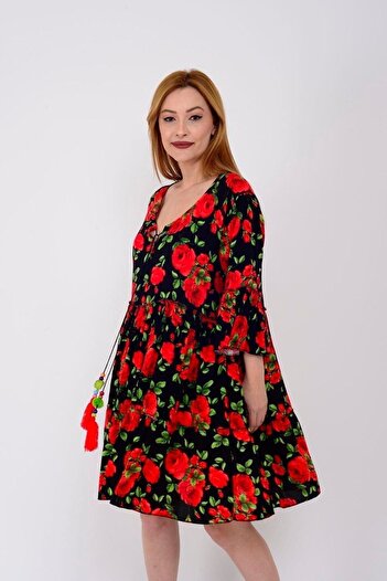 Hazinedan Rochie midi scurtă cu ciucuri spaniole, cu imprimeu floral, pentru femei