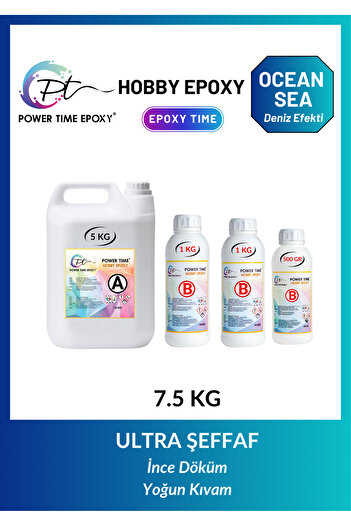 POWER TIME EPOXY 7.5 Kg Hobby Epoxy Ocean & Sea/ Deniz Efekti Şeffaf Epoksi Reçine Ince Döküm Power Tıme Hobby Epoxy