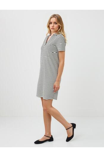 Jimmy Key Black Short Sleeve Polo Neck Striped Knitted Mini Dress