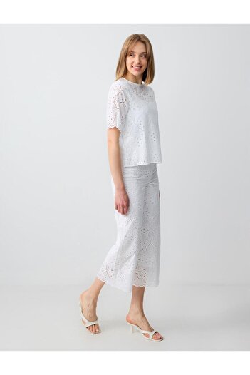 Jimmy Key Pantaloni albi 100% bumbac, cu croiala lejeră, cu talie înaltă, cu picioare largi