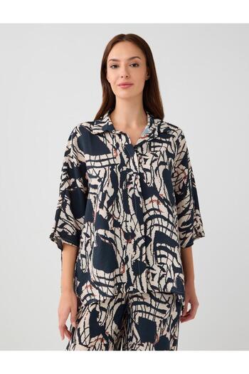 Jimmy Key Navy Blue Relaxed Fit Three Quarter Sleeve Patterned Woven Shirt