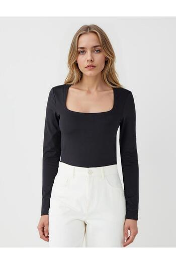 Jimmy Key Black Square Neck Slim Fit Long Sleeve Knitted Blouse