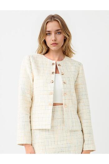 Jimmy Key Ecru Long Sleeve Open Collar Patterned Woven Jacket