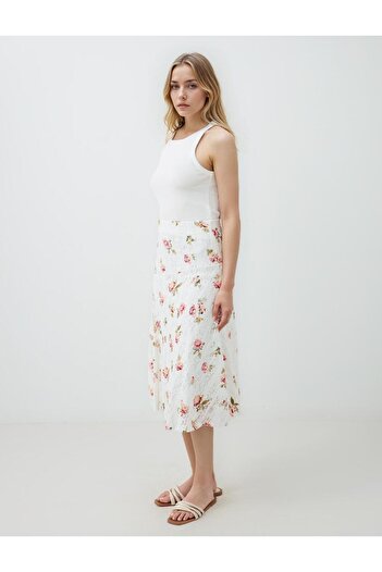 Jimmy Key Ecru Floral Pattern Πλεκτή Midi Φούστα με κανονική μέση