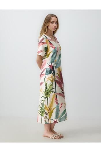 Jimmy Key Ecru V-Neck Short Sleeve Linen Blend Patterned Midi Dress