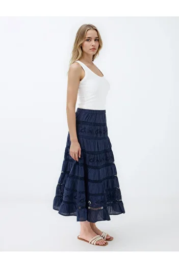 Jimmy Key Navy Blue 100% Cotton Regular Waist Embroidered Long Skirt