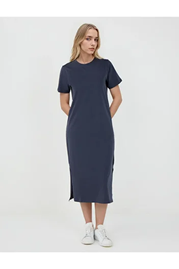 Jimmy Key Navy Blue 100% Cotton Round Neck Short Sleeve Midi Dress