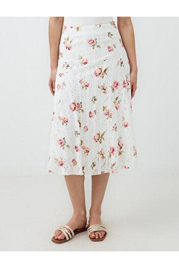 Jimmy Key Ecru Floral Pattern Πλεκτή Midi Φούστα με κανονική μέση