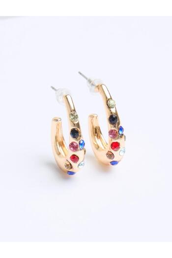 Jimmy Key Gold Colored Stone Detailed Half Hoop Earrings