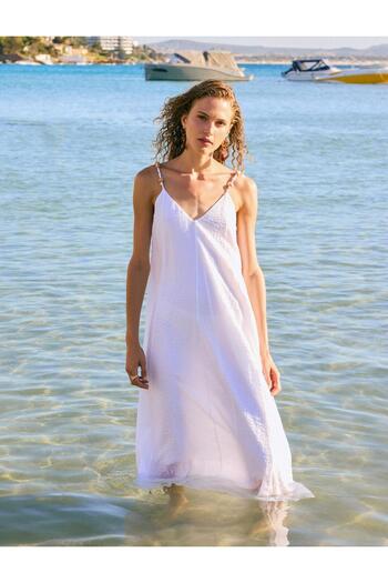 Jimmy Key Ecru Relaxed Cut Strap V Neck Long Dress