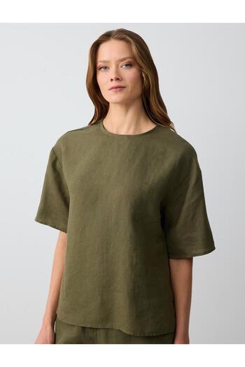 Jimmy Key Khaki 100% Linen Relaxed Cut Short Sleeve Crew Neck Blouse