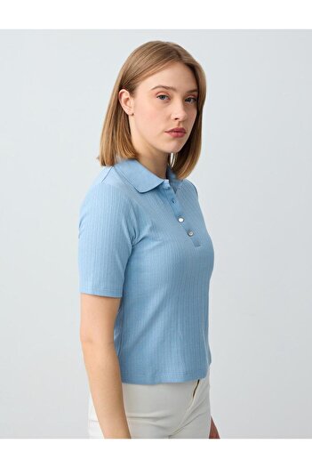 Jimmy Key Mavi Polo Yaka Kısa Kollu Pamuklu Örme Bluz