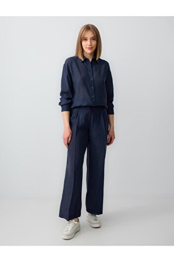 Jimmy Key Navy Blue Relaxed Fit Long Sleeve Linen Blend Shirt